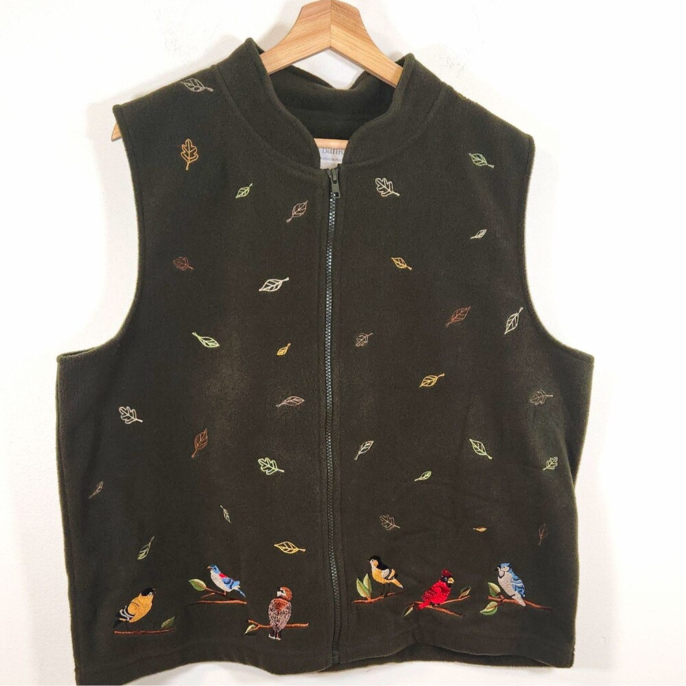 CJ Banks Women’s Green Fleece Full Zip Vest Embroidered Bird Nature Plus 1X